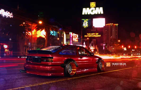 Picture Red, Toyota, Las Vegas, AE86, Stance, Wheels, Corolla, Rear, Nigth, by Hugo Silva