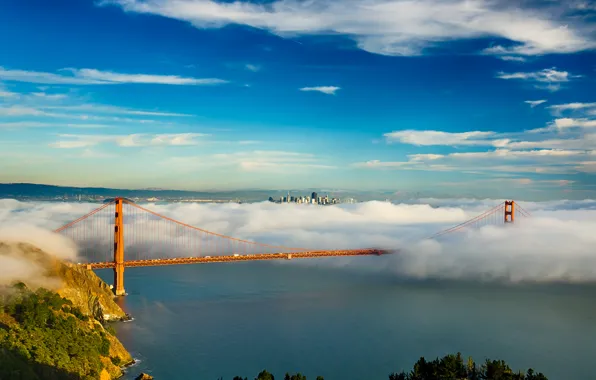 Picture the sky, clouds, bridge, the city, fog, Bay, San Francisco, Golden gate