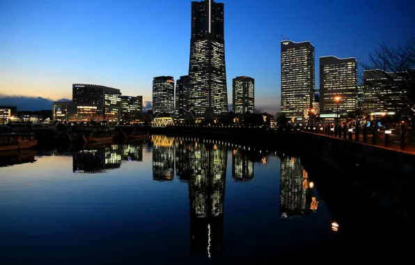 Picture sunset, lights, reflection, the evening, Japan, backlight, port, Bay, Japan, megapolis, Yokohama, Yokohama