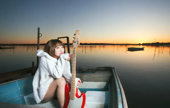 Picture girl, sunset, music, boat, guitar