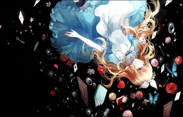 Picture card, girl, flowers, roses, anime, drop, art, Alice, under water, alice in wonderland, atsumu