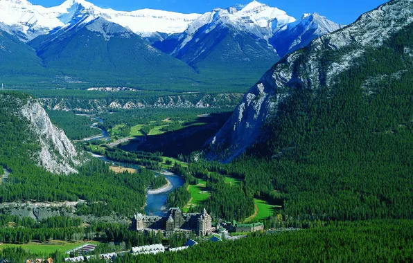 Picture forest, mountains, river, Canada, the hotel, Canada, hotel, Banff national park, Fairmont Banff Springs