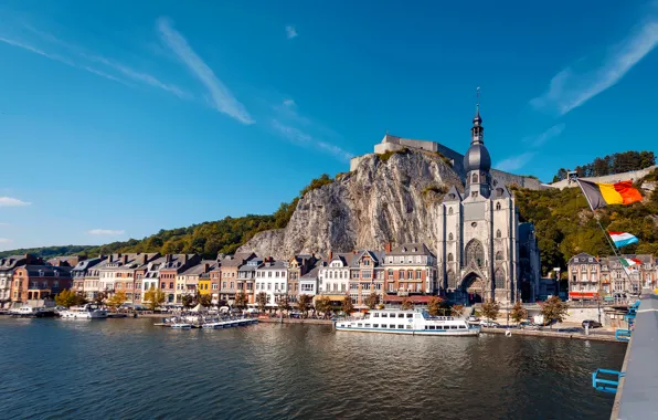 Picture landscape, river, rocks, home, Belgium, the citadel, promenade, Dinant, Church of our lady, Maas