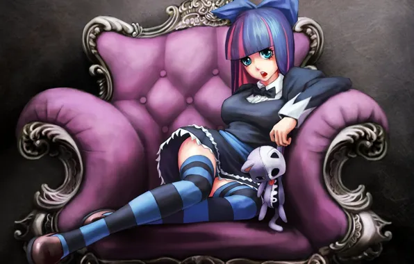 Picture girl, toy, chair, bow, panty & stocking with garterbelt, stocking