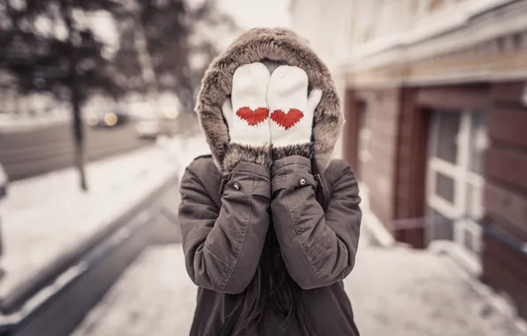 Picture cold, winter, girl, snow, hearts, mittens