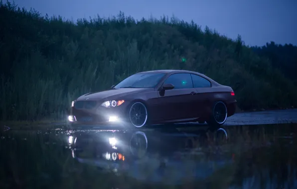 Picture red, bmw, BMW, red, 335i, headlights, e92, puddle reflection