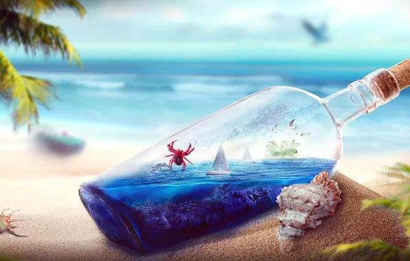 Picture the ocean, boat, island, bottle, crab, Beach