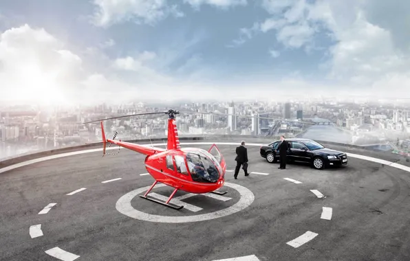 Picture landscape, the city, river, Audi, audi, Wallpaper, photoshop, Playground, wallpapers, skyscraper, Helicopter, helicopter, businessman