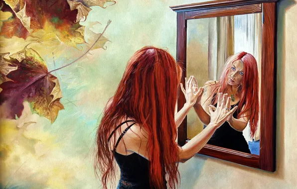 Picture leaves, girl, reflection, mirror, Vladimir Kuklinski