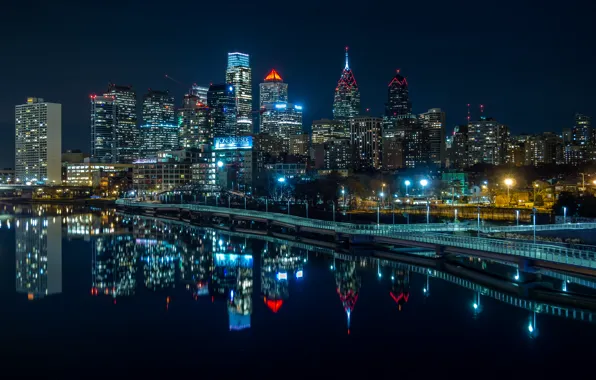 Picture water, night, lights, reflection, river, home, skyscrapers, lights, USA, promenade, Philadelphia