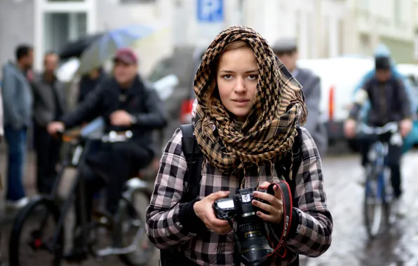 Picture girl, the city, rain, street, the camera, photographer, Stranger