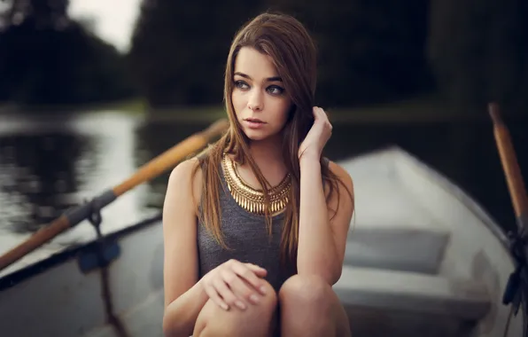 Picture look, water, girl, boat, Mike, brown hair, decoration, necklace