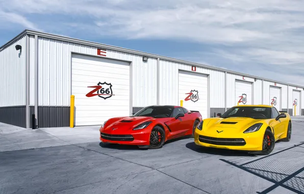 Picture red, yellow, Corvette, Chevrolet, red, Chevrolet, yellow, front, boxes, Corvette, Stingray, Stingray