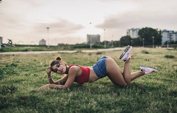 Picture grass, girl, pose, shorts, Mike, figure, brunette, hairstyle, sneakers, photographer, Jamie, Aleksandr Tsarev