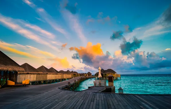 Picture sea, the sky, clouds, tropics, horizon, The Maldives, Bungalow