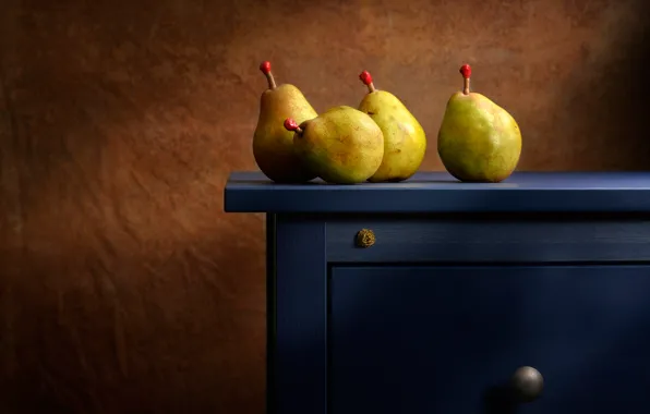 Picture table, background, lighting, pear, the blue dresser