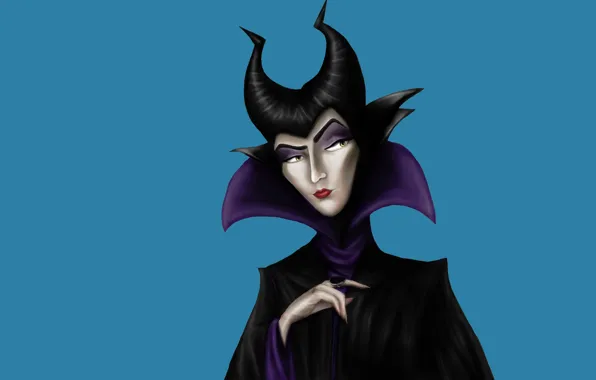 Picture girl, minimalism, blue background, Maleficent, Maleficent