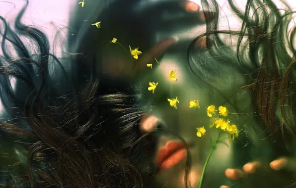 Picture glass, water, girl, flowers, hair