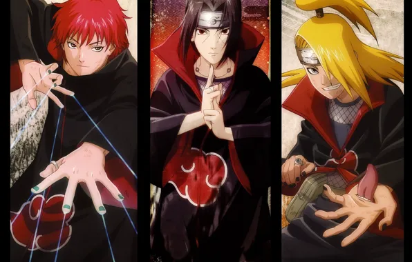 Picture look, hand, cloak, Naruto, ring, gesture, grin, ninja, akatsuki, bangs, ninja, Itachi Uchiha, red hair, …
