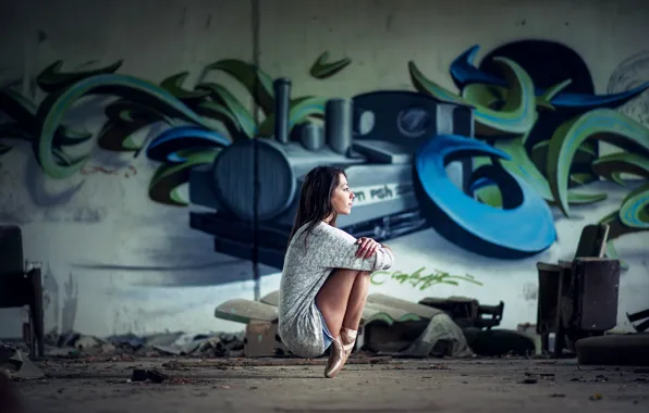 Picture girl, graffiti, legs, woman, stretch, model, street, bokeh, female, ballet, posture, ballerina