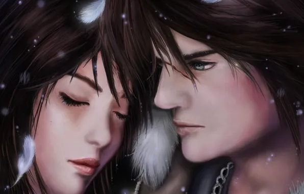 Picture girl, feathers, face, guy, closed eyes, Squall, Final Fantasy VIII, Rinoa