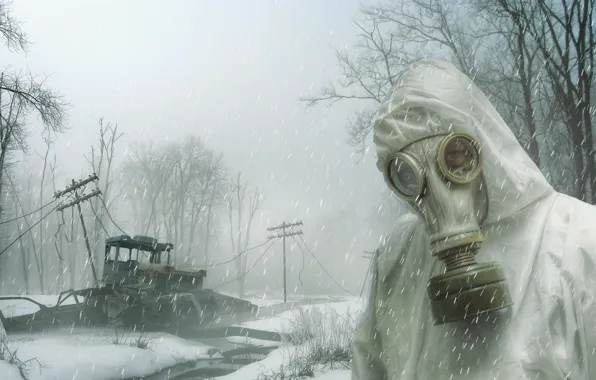 Picture snow, people, gas mask, Long Winter