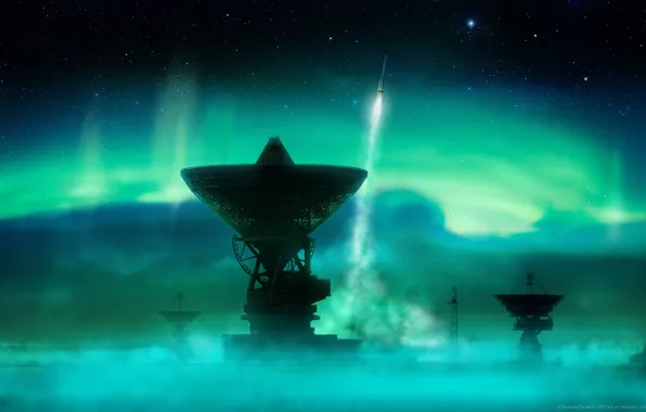 Picture Northern lights, rocket, Antena