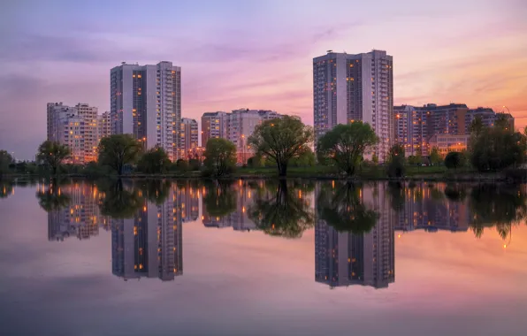 Picture water, reflection, trees, city, building, the evening, The city, trees, water, evening