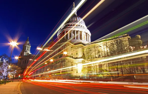Picture night, lights, movement, London, UK, St. Paul's Cathedral