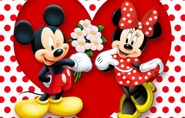 Picture red, love, heart, cartoon, disney, romance, polka dots, minnie, mickey