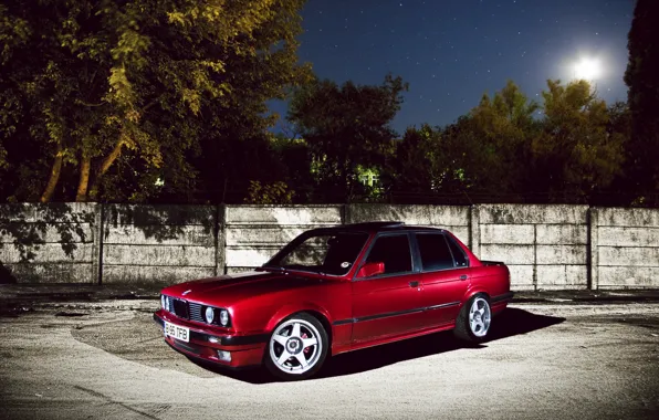 Picture wall, tree, BMW, stars, BMW, red, red, E30, Sedan, 3 Series