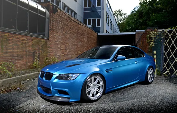 Picture wall, blue, the building, shadow, BMW, BMW, brick, e92, Atlantic blue