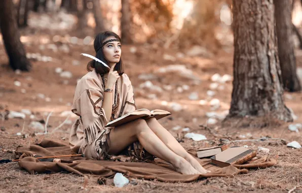 Picture forest, girl, pen, book, Alessandro Di Cicco, Woods Wonder