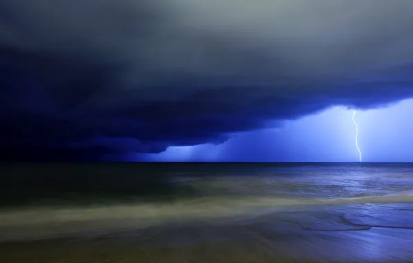 Picture waves, beach, rain, sky, sea, landscape, nature, Storm, lightning, water, clouds, sand, horizon