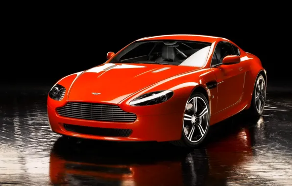 Picture Aston Martin, Reflection, Vantage, Machine, Orange, The front, Sports car