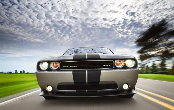 Picture strip, The sky, Clouds, Auto, Machine, Dodge, Grille, Grey, Dodge, Challenger, Lights, The front