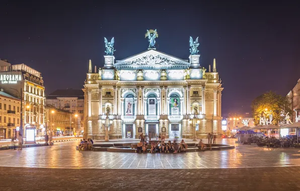Picture the evening, lights, fountain, Ukraine, street, Lions, Lviv theatre of Opera and ballet