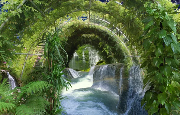 Picture leaves, water, trees, flowers, Park, waterfall, stream, plants, arch