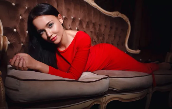 Picture look, girl, background, sofa, red, interior, pillow, dress, brunette, beauty, lies, lady, beauty, chic, sexy, …