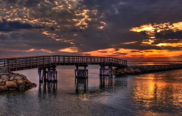 Picture sea, the sky, clouds, bridge, stones, hdr, glow