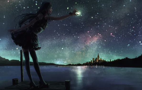 Picture the sky, girl, stars, night, the city, lake, the moon, anime, art