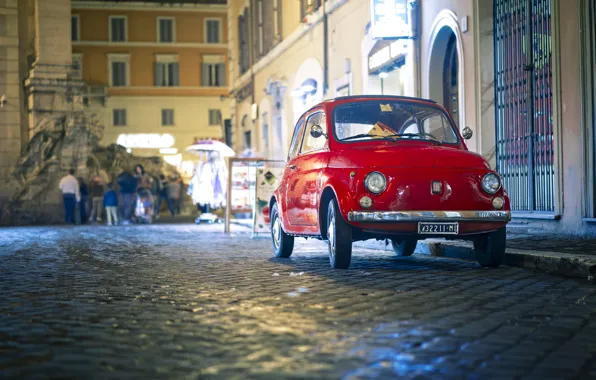 Picture night, lights, reflection, people, street, lights, stores, Fiat, classic, city, city, 500px