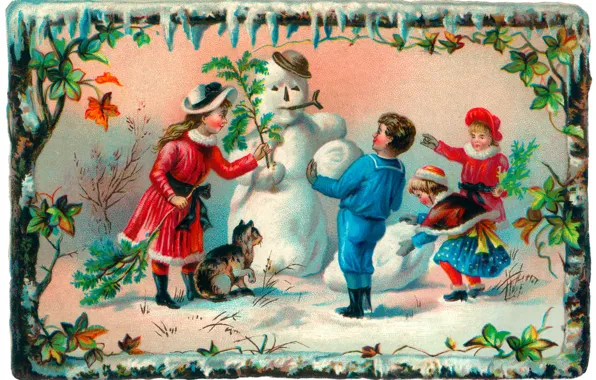 Picture winter, cat, children, girls, boy, snowman, postcard