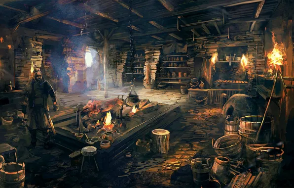 Picture fire, kitchen, the sorcerer, bucket, spit, the Witcher