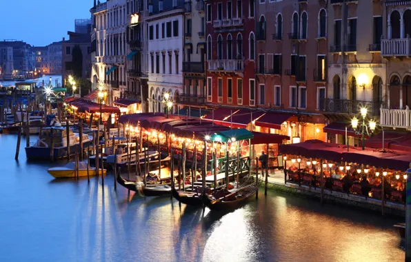 Picture people, building, home, boats, the evening, lights, Italy, Venice, channel, cafe, Italy, gondola, Venice
