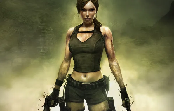 Picture Tomb Raider, guns, girl, brown hair, jungle, sexy girl, ruins, legend, weapons, Lara Croft, breasts, …