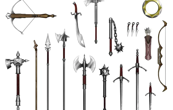 Picture spears, crossbow, quiver, mace, flail, long sword, scimitar, was hammer, short sword, battle axes, halberds, …