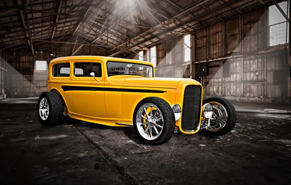 Picture yellow, retro, hangar, classic, hot-rod, classic car