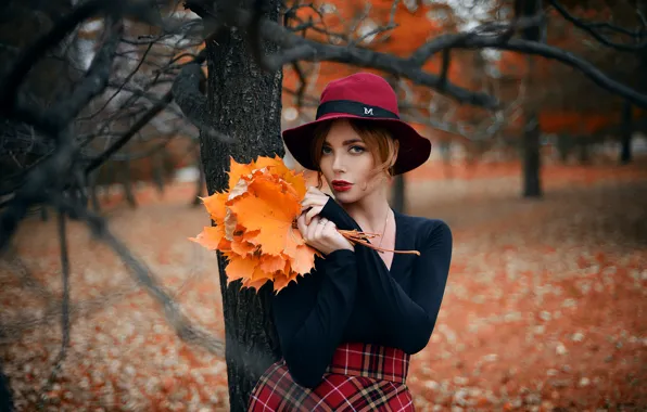 Picture autumn, leaves, girl, trees, skirt, bouquet, hat, makeup, blouse, red