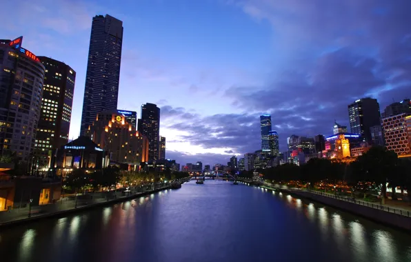 Picture river, building, twilight, Melbourne, Yarra Twilight